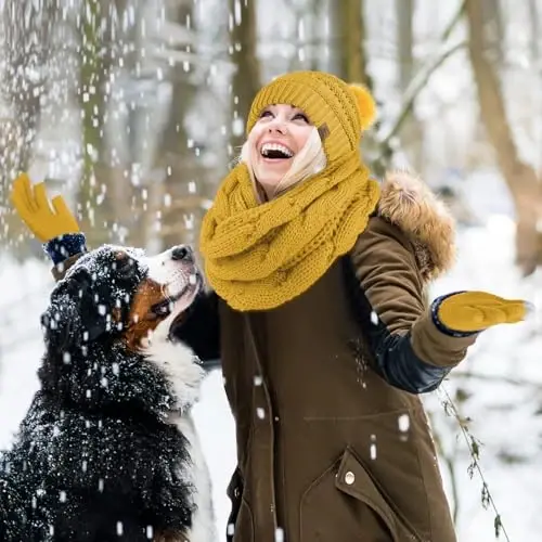 URATOT 4-In-1 Winter Warm Sets Knitted Scarf Touch Screen Gloves Beanie Pompom Hat and Winter Ear Warmer for Men or Women - 5