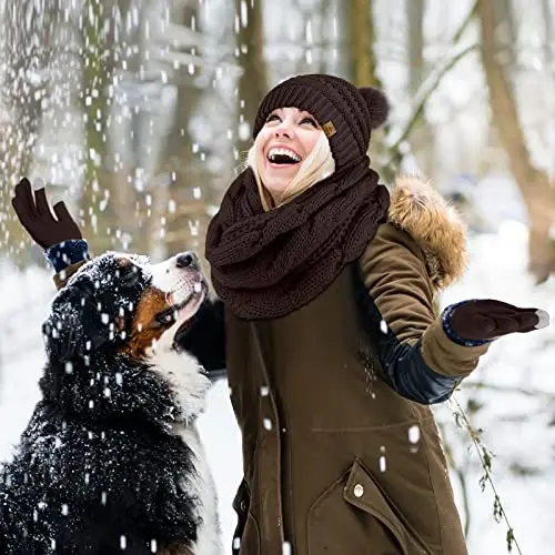 URATOT 4-In-1 Winter Warm Sets Knitted Scarf Touch Screen Gloves Beanie Pompom Hat and Winter Ear Warmer for Men or Women - 6