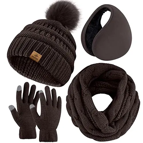 URATOT 4-In-1 Winter Warm Sets Knitted Scarf Touch Screen Gloves Beanie Pompom Hat and Winter Ear Warmer for Men or Women 