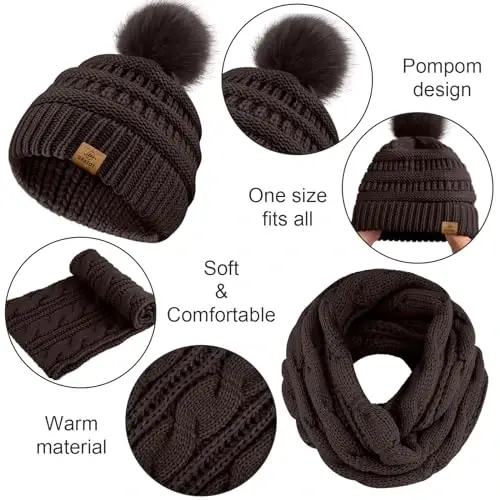 URATOT 4-In-1 Winter Warm Sets Knitted Scarf Touch Screen Gloves Beanie Pompom Hat and Winter Ear Warmer for Men or Women - 3