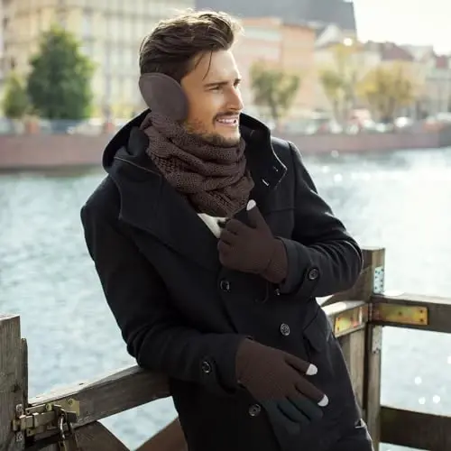 URATOT 4-In-1 Winter Warm Sets Knitted Scarf Touch Screen Gloves Beanie Pompom Hat and Winter Ear Warmer for Men or Women - 5