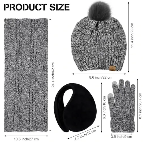 URATOT 4-In-1 Winter Warm Sets Knitted Scarf Touch Screen Gloves Beanie Pompom Hat and Winter Ear Warmer for Men or Women - URATOT (1)