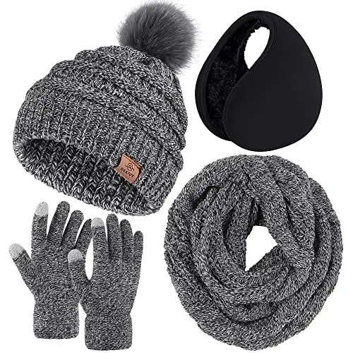 URATOT 4-In-1 Winter Warm Sets Knitted Scarf Touch Screen Gloves Beanie Pompom Hat and Winter Ear Warmer for Men or Women - 1