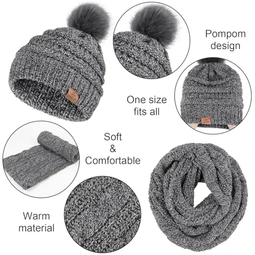 URATOT 4-In-1 Winter Warm Sets Knitted Scarf Touch Screen Gloves Beanie Pompom Hat and Winter Ear Warmer for Men or Women - 3
