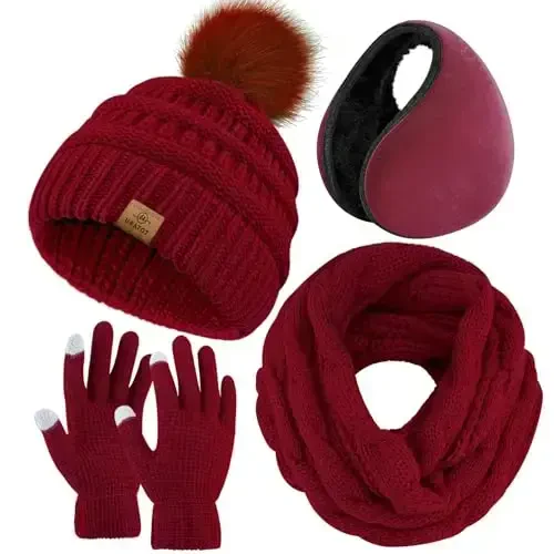 URATOT 4-In-1 Winter Warm Sets Knitted Scarf Touch Screen Gloves Beanie Pompom Hat and Winter Ear Warmer for Men or Women 