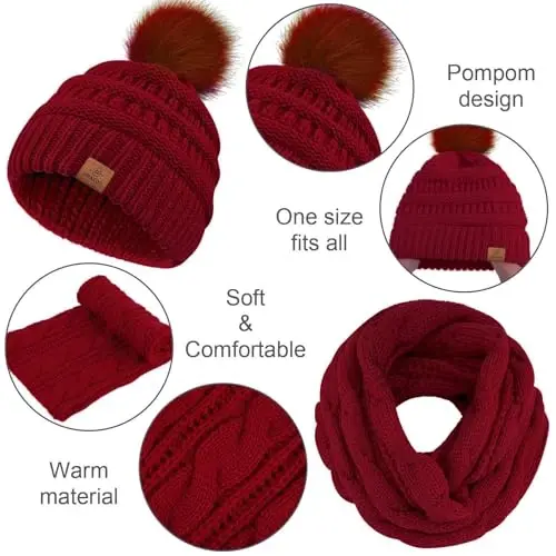 URATOT 4-In-1 Winter Warm Sets Knitted Scarf Touch Screen Gloves Beanie Pompom Hat and Winter Ear Warmer for Men or Women - 3