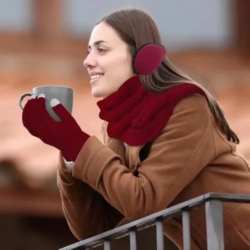 URATOT 4-In-1 Winter Warm Sets Knitted Scarf Touch Screen Gloves Beanie Pompom Hat and Winter Ear Warmer for Men or Women - 6