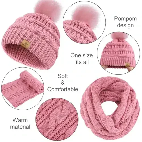 URATOT 4-In-1 Winter Warm Sets Knitted Scarf Touch Screen Gloves Beanie Pompom Hat and Winter Ear Warmer for Men or Women - 4