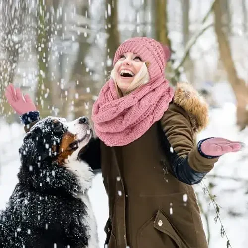 URATOT 4-In-1 Winter Warm Sets Knitted Scarf Touch Screen Gloves Beanie Pompom Hat and Winter Ear Warmer for Men or Women - 5