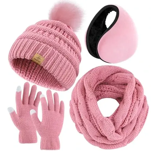 URATOT 4-In-1 Winter Warm Sets Knitted Scarf Touch Screen Gloves Beanie Pompom Hat and Winter Ear Warmer for Men or Women 