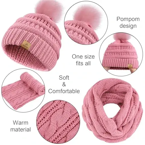 URATOT 4-In-1 Winter Warm Sets Knitted Scarf Touch Screen Gloves Beanie Pompom Hat and Winter Ear Warmer for Men or Women - 4
