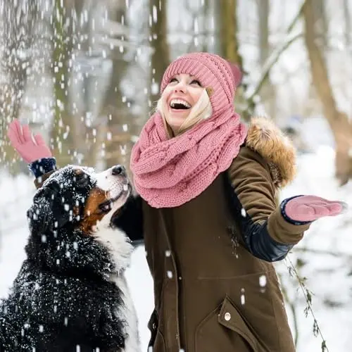 URATOT 4-In-1 Winter Warm Sets Knitted Scarf Touch Screen Gloves Beanie Pompom Hat and Winter Ear Warmer for Men or Women - 5