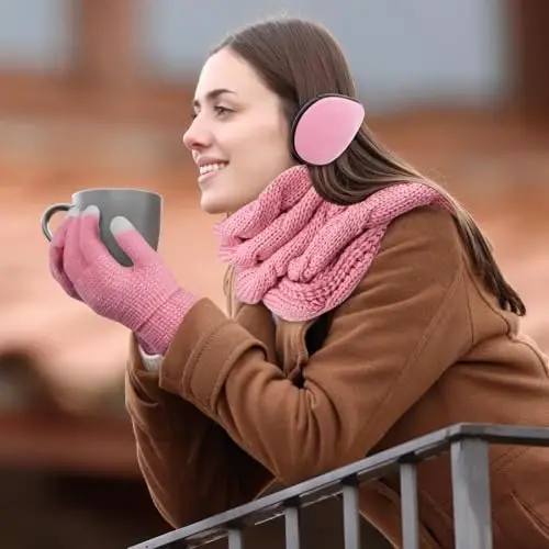 URATOT 4-In-1 Winter Warm Sets Knitted Scarf Touch Screen Gloves Beanie Pompom Hat and Winter Ear Warmer for Men or Women - 6