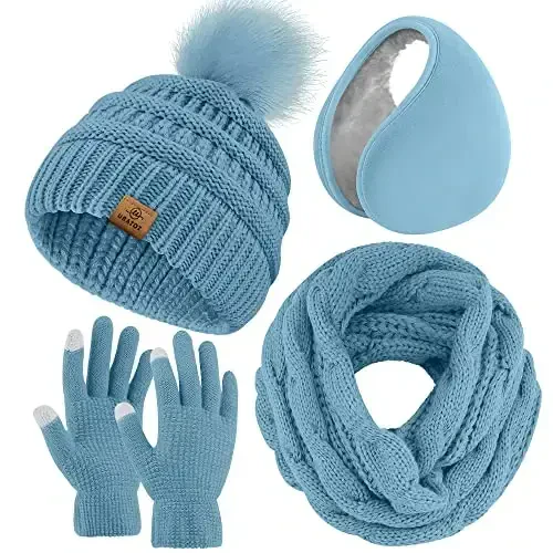 URATOT 4-In-1 Winter Warm Sets Knitted Scarf Touch Screen Gloves Beanie Pompom Hat and Winter Ear Warmer for Men or Women - 1