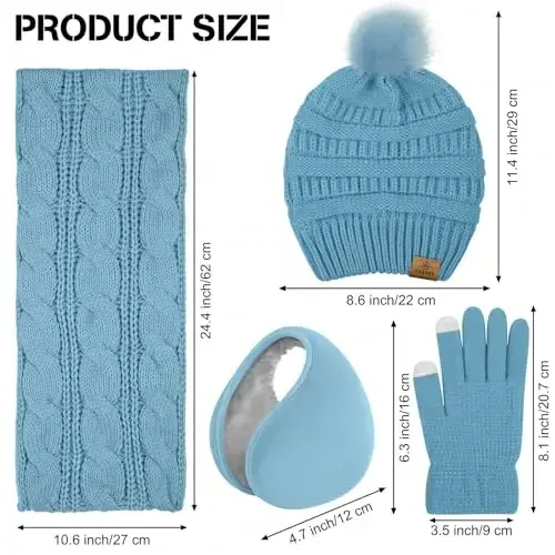 URATOT 4-In-1 Winter Warm Sets Knitted Scarf Touch Screen Gloves Beanie Pompom Hat and Winter Ear Warmer for Men or Women - 2