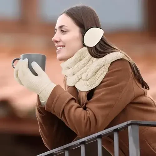 URATOT 4-In-1 Winter Warm Sets Knitted Scarf Touch Screen Gloves Beanie Pompom Hat and Winter Ear Warmer for Men or Women - 6