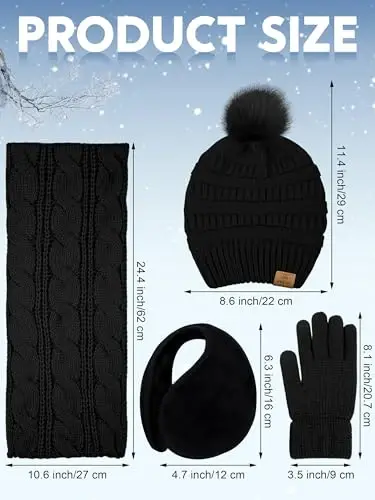 URATOT Winter Warm Sets Knitted Scarf Beanie Pompom Hat Touch Screen Gloves and Winter Ear Warmer Set for Men or Women - URATOT (1)