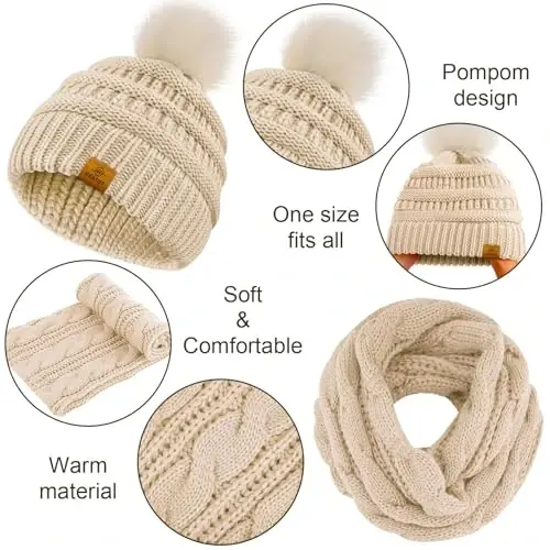 URATOT 4-In-1 Winter Warm Sets Knitted Scarf Touch Screen Gloves Beanie Pompom Hat and Winter Ear Warmer for Men or Women - 4