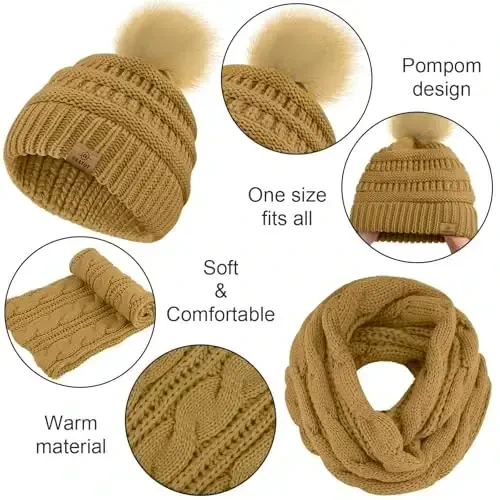 URATOT 4-In-1 Winter Warm Sets Knitted Scarf Touch Screen Gloves Beanie Pompom Hat and Winter Ear Warmer for Men or Women - 4