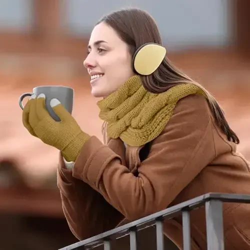 URATOT 4-In-1 Winter Warm Sets Knitted Scarf Touch Screen Gloves Beanie Pompom Hat and Winter Ear Warmer for Men or Women - 6