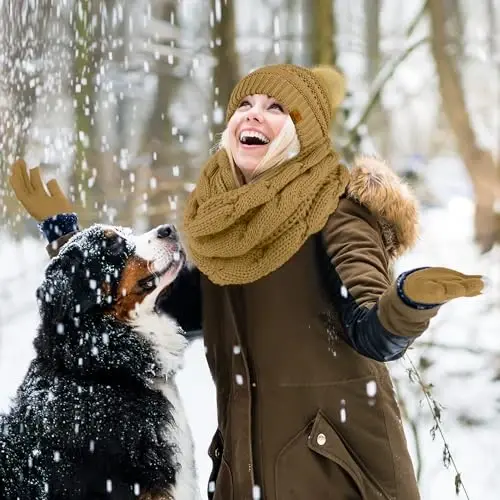URATOT 4-In-1 Winter Warm Sets Knitted Scarf Touch Screen Gloves Beanie Pompom Hat and Winter Ear Warmer for Men or Women - 5
