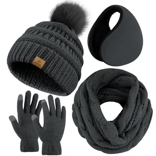 URATOT 4-In-1 Winter Warm Sets Knitted Scarf Touch Screen Gloves Beanie Pompom Hat and Winter Ear Warmer for Men or Women - 1