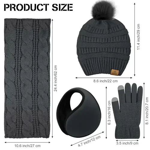 URATOT 4-In-1 Winter Warm Sets Knitted Scarf Touch Screen Gloves Beanie Pompom Hat and Winter Ear Warmer for Men or Women - 2