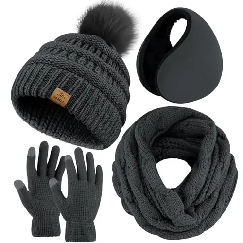 URATOT 4-In-1 Winter Warm Sets Knitted Scarf Touch Screen Gloves Beanie Pompom Hat and Winter Ear Warmer for Men or Women - 1