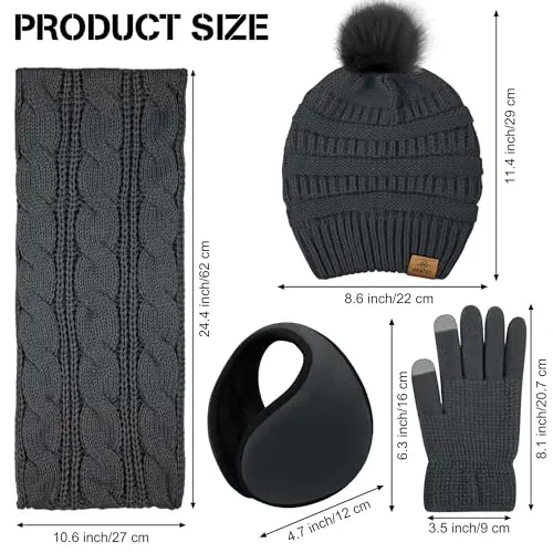 URATOT 4-In-1 Winter Warm Sets Knitted Scarf Touch Screen Gloves Beanie Pompom Hat and Winter Ear Warmer for Men or Women - 2