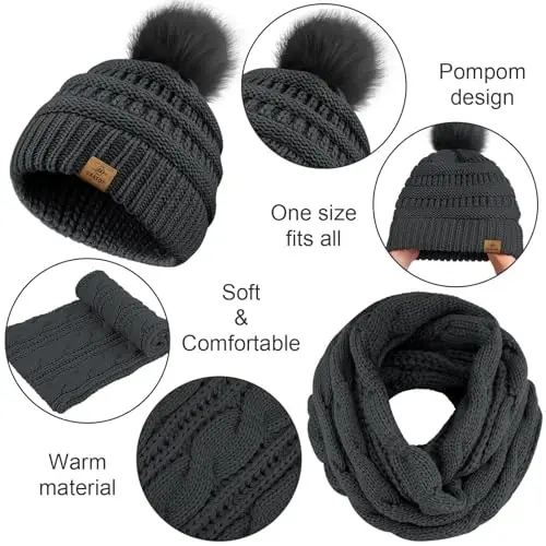 URATOT 4-In-1 Winter Warm Sets Knitted Scarf Touch Screen Gloves Beanie Pompom Hat and Winter Ear Warmer for Men or Women - 3