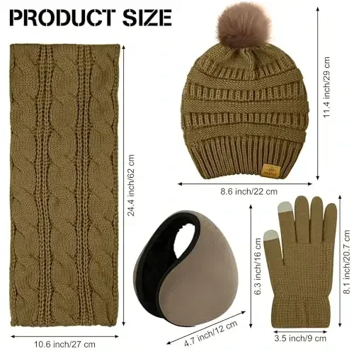 URATOT 4-In-1 Winter Warm Sets Knitted Scarf Touch Screen Gloves Beanie Pompom Hat and Winter Ear Warmer for Men or Women - 2