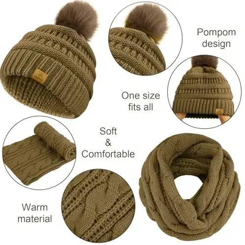 URATOT 4-In-1 Winter Warm Sets Knitted Scarf Touch Screen Gloves Beanie Pompom Hat and Winter Ear Warmer for Men or Women - 4