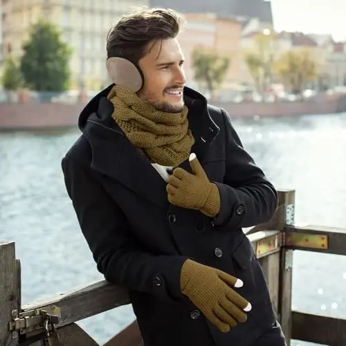 URATOT 4-In-1 Winter Warm Sets Knitted Scarf Touch Screen Gloves Beanie Pompom Hat and Winter Ear Warmer for Men or Women - 5