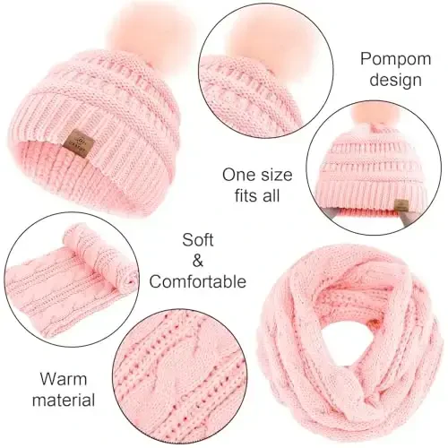 URATOT 4-In-1 Winter Warm Sets Knitted Scarf Touch Screen Gloves Beanie Pompom Hat and Winter Ear Warmer for Men or Women - 4