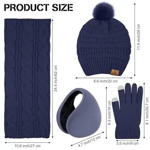 URATOT 4-In-1 Winter Warm Sets Knitted Scarf Touch Screen Gloves Beanie Pompom Hat and Winter Ear Warmer for Men or Women - URATOT (1)