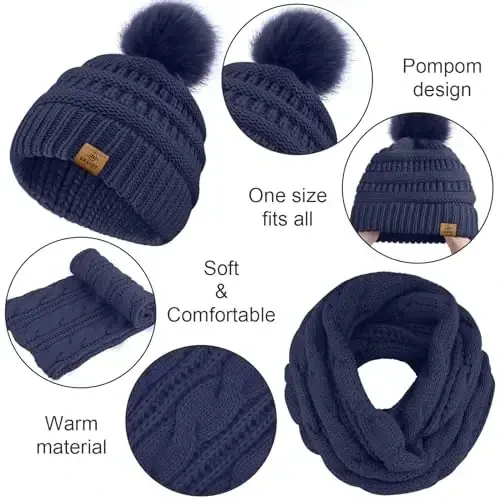 URATOT 4-In-1 Winter Warm Sets Knitted Scarf Touch Screen Gloves Beanie Pompom Hat and Winter Ear Warmer for Men or Women - 3