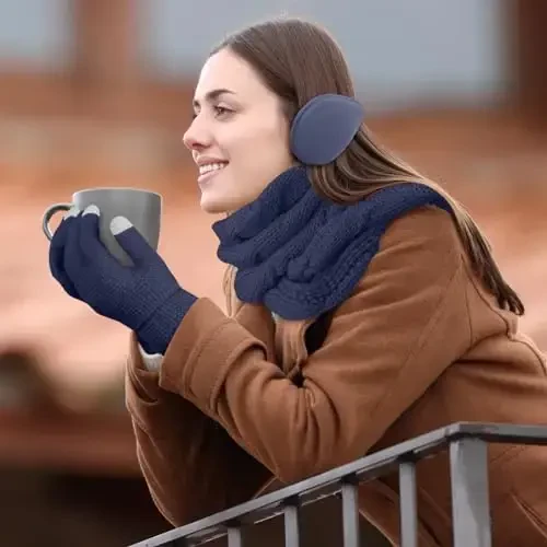 URATOT 4-In-1 Winter Warm Sets Knitted Scarf Touch Screen Gloves Beanie Pompom Hat and Winter Ear Warmer for Men or Women - 5