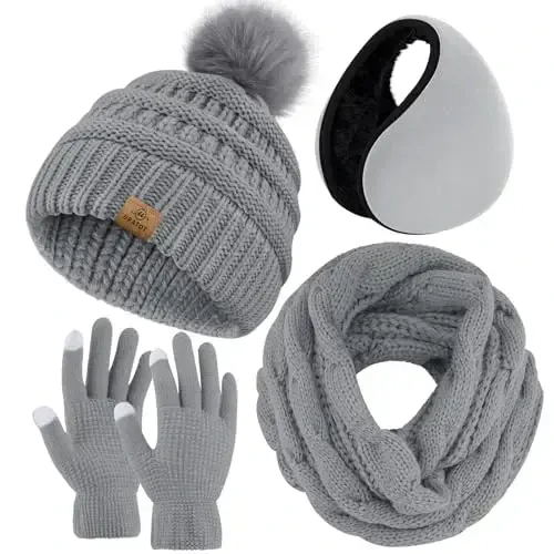 URATOT 4-In-1 Winter Warm Sets Knitted Scarf Touch Screen Gloves Beanie Pompom Hat and Winter Ear Warmer for Men or Women 
