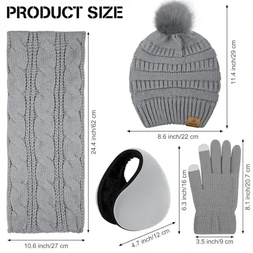 URATOT 4-In-1 Winter Warm Sets Knitted Scarf Touch Screen Gloves Beanie Pompom Hat and Winter Ear Warmer for Men or Women - 2