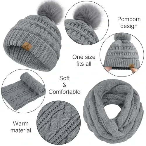 URATOT 4-In-1 Winter Warm Sets Knitted Scarf Touch Screen Gloves Beanie Pompom Hat and Winter Ear Warmer for Men or Women - 4
