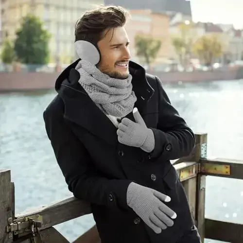 URATOT 4-In-1 Winter Warm Sets Knitted Scarf Touch Screen Gloves Beanie Pompom Hat and Winter Ear Warmer for Men or Women - 5