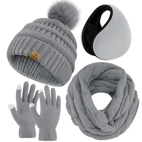 URATOT 4-In-1 Winter Warm Sets Knitted Scarf Touch Screen Gloves Beanie Pompom Hat and Winter Ear Warmer for Men or Women 