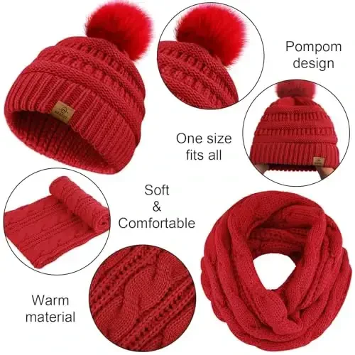 URATOT 4-In-1 Winter Warm Sets Knitted Scarf Touch Screen Gloves Beanie Pompom Hat and Winter Ear Warmer for Men or Women - 4