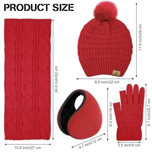 URATOT 4-In-1 Winter Warm Sets Knitted Scarf Touch Screen Gloves Beanie Pompom Hat and Winter Ear Warmer for Men or Women - URATOT (1)