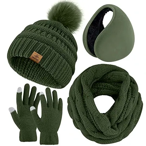 URATOT 4-In-1 Winter Warm Sets Knitted Scarf Touch Screen Gloves Beanie Pompom Hat and Winter Ear Warmer for Men or Women 