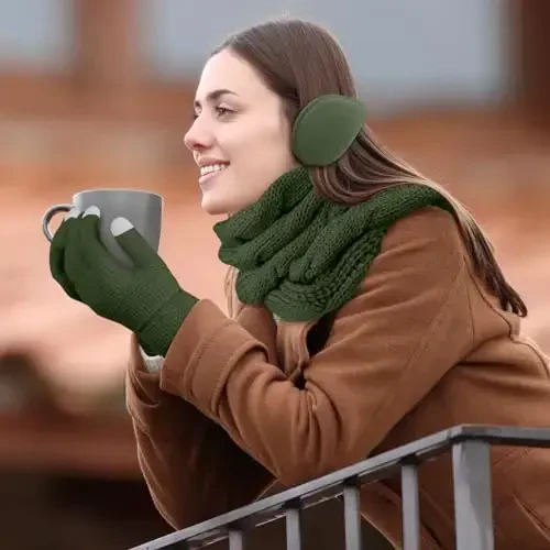 URATOT 4-In-1 Winter Warm Sets Knitted Scarf Touch Screen Gloves Beanie Pompom Hat and Winter Ear Warmer for Men or Women - 5