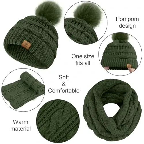 URATOT 4-In-1 Winter Warm Sets Knitted Scarf Touch Screen Gloves Beanie Pompom Hat and Winter Ear Warmer for Men or Women - 3