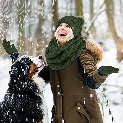 URATOT 4-In-1 Winter Warm Sets Knitted Scarf Touch Screen Gloves Beanie Pompom Hat and Winter Ear Warmer for Men or Women - 6