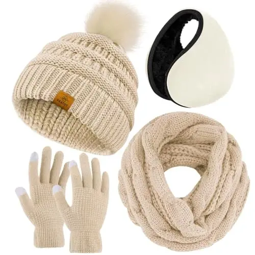 URATOT 4-In-1 Winter Warm Sets Knitted Scarf Touch Screen Gloves Beanie Pompom Hat and Winter Ear Warmer for Men or Women - 1