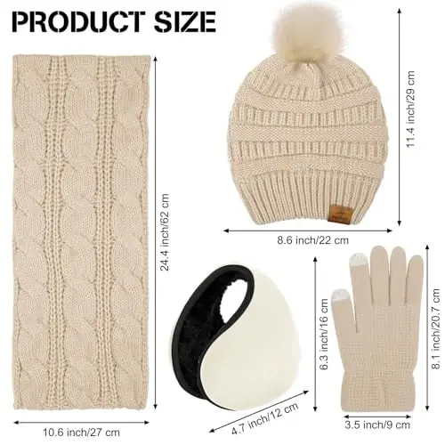 URATOT 4-In-1 Winter Warm Sets Knitted Scarf Touch Screen Gloves Beanie Pompom Hat and Winter Ear Warmer for Men or Women - 2